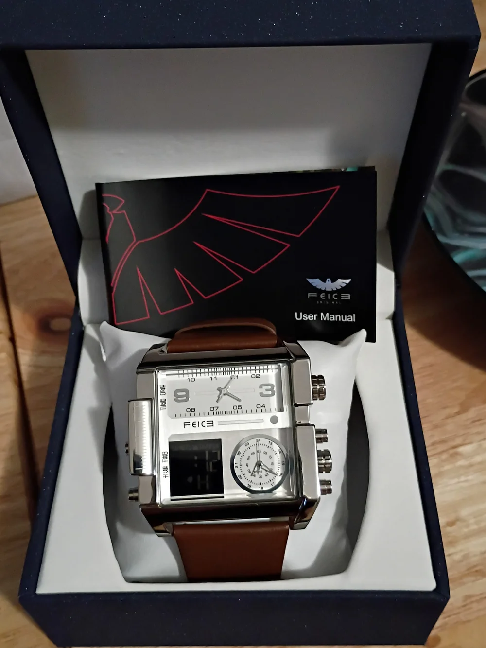 Ice Silver Dual-Display Men's Watch with Brown Leather Band